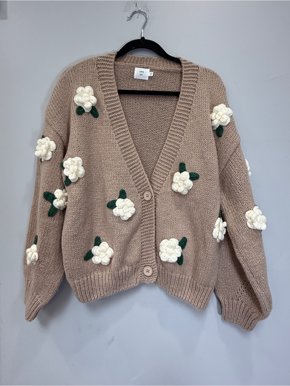 Beige Floral Applique V-Neck Cardigan Sweater